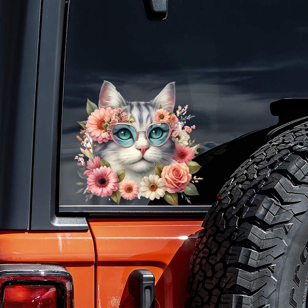 QT2013#15cm Adorable Cat and Floral Waterproof Car Decorative Decal, Suitable for Cars, Laptops, Bumpers, Glass Window Sticker