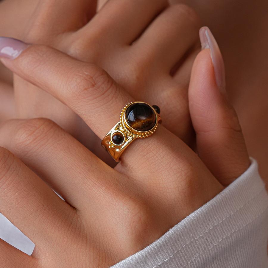 Tiger's eye pleated irregular round open ring personalized niche unique jewelry
