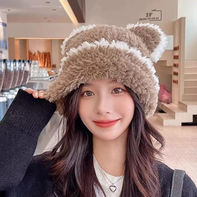 Big head circumference plush hat women's autumn and winter thickened warm stripes contrasting color knitted hat cute bear ears wool hat