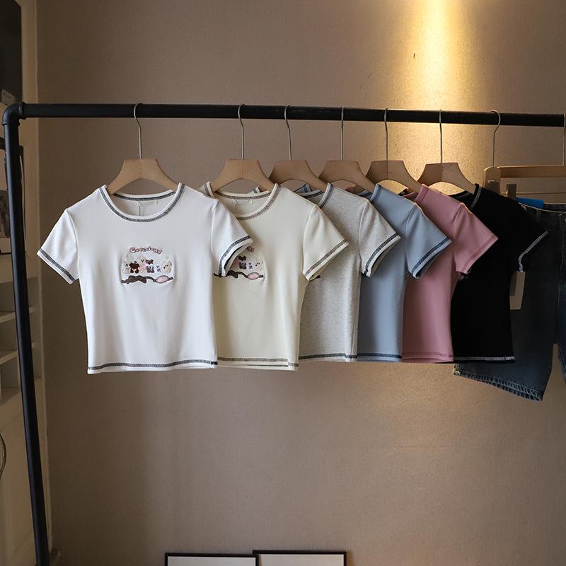 2025 Korean Style Cartoon Embroidered Slim Fit Cute Short Sleeve T-Shirt for Women