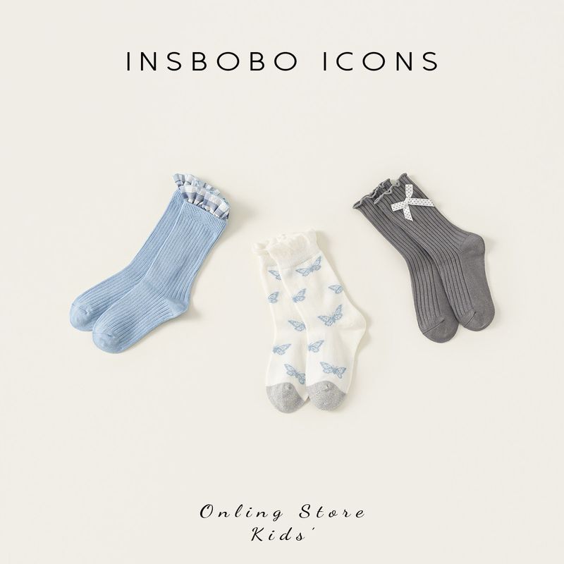 Insbobo Girls  Socks 2025 Autumn New Children s Bow Tube Socks Baby Lace Children s Socks Spring and Autumn XL Socks Size: 20-22cm Three Pairs