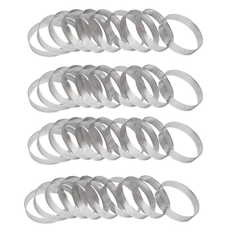 ABBP-Premium 40Pcs 10Cm Stainless Steel Tart Rings With Holes, Ideal For Baking Fruit Pies, Quiches, And Mousse Cakes