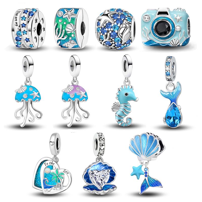 Copper Jellyfish Seahorse Blue Ocean Series Charms Beads Fit Diy Bracelet Making Gift Of Fine Jewelry For Womens