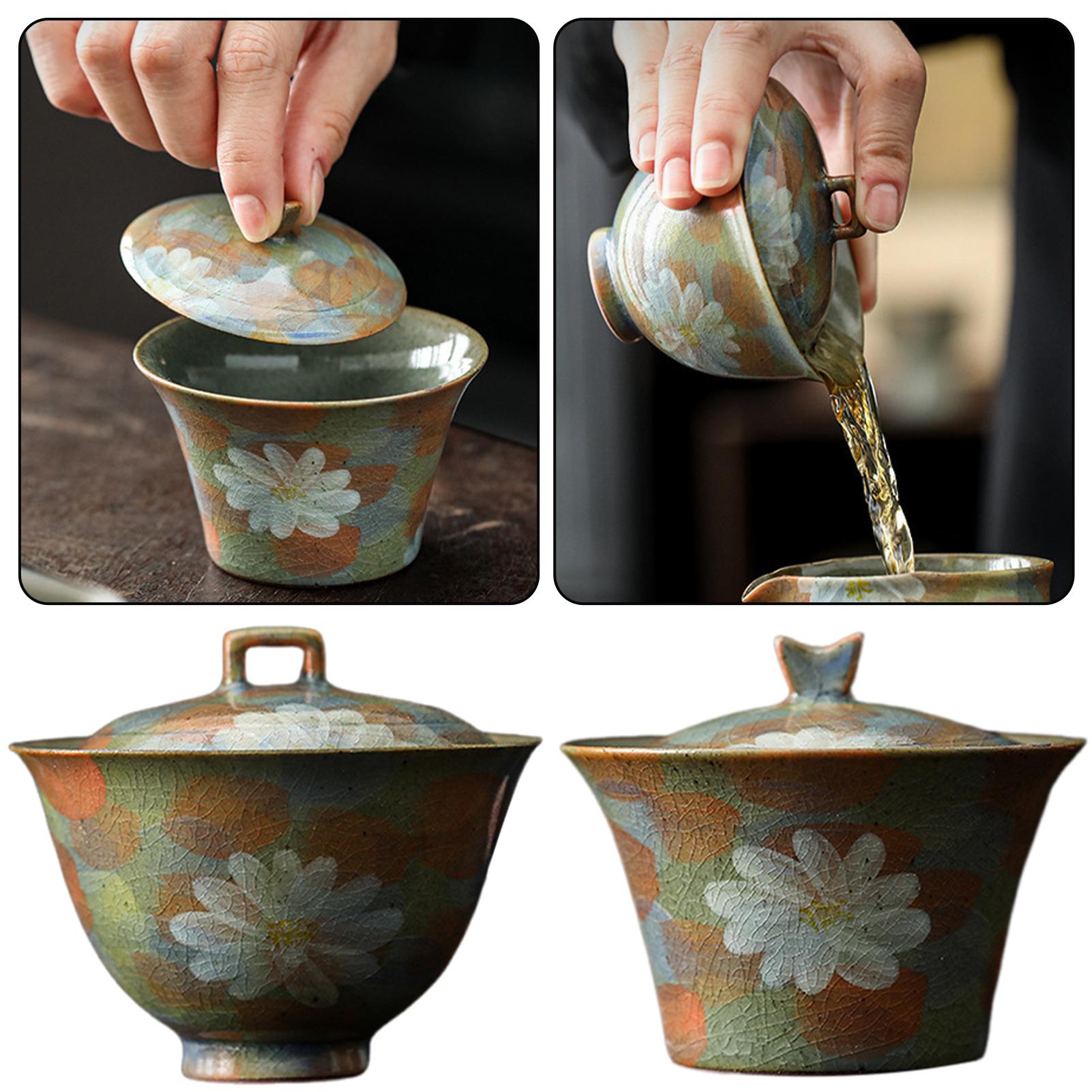 

Ceramic Gai Wan Tea Set Chinese Japanese Tea Cups To Brew Loose Tea Vintage Hand-Made Teacups For Chinese Gong Fu Tea Ceremony 100-110ml
