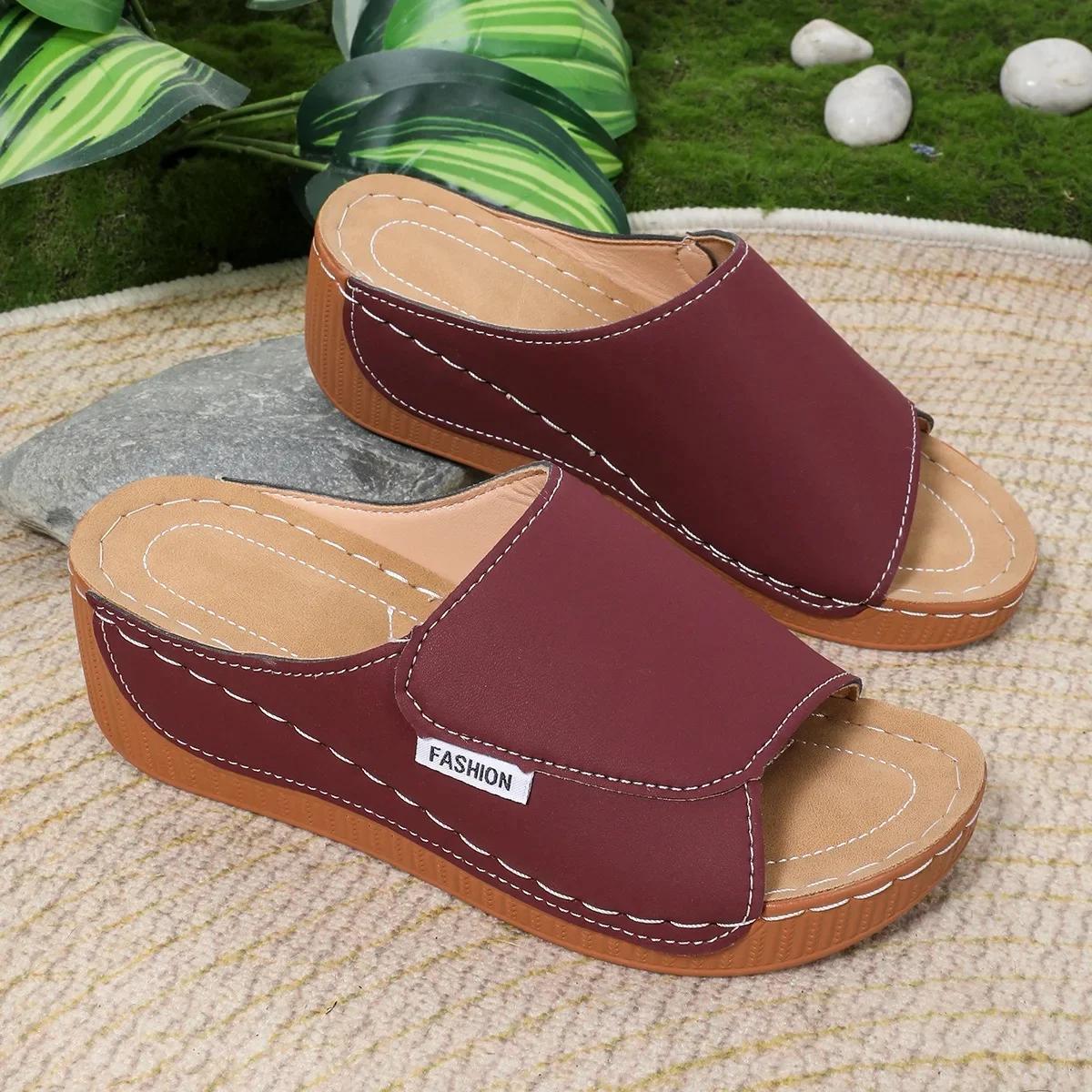 

Повседневные туфли-слипоны на толстом каблуке, женская обувь, с открытым носком, на танкетке, плоские шлепанцы, широкий ремешок, простая мода, резиновая подошва 36 бордовый