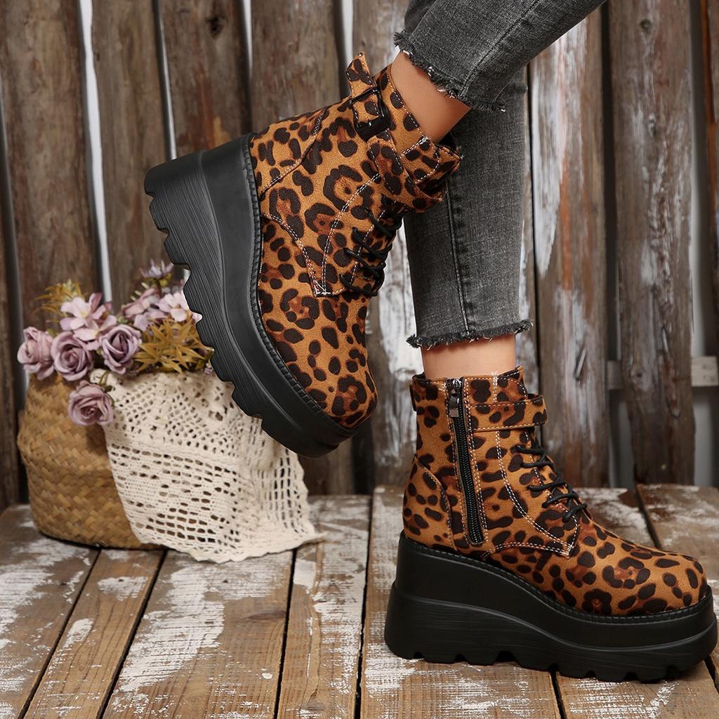 2025 Women's Boots New Thick Heel Platform Martin Boots Women's Plus Size Leopard Print Boots