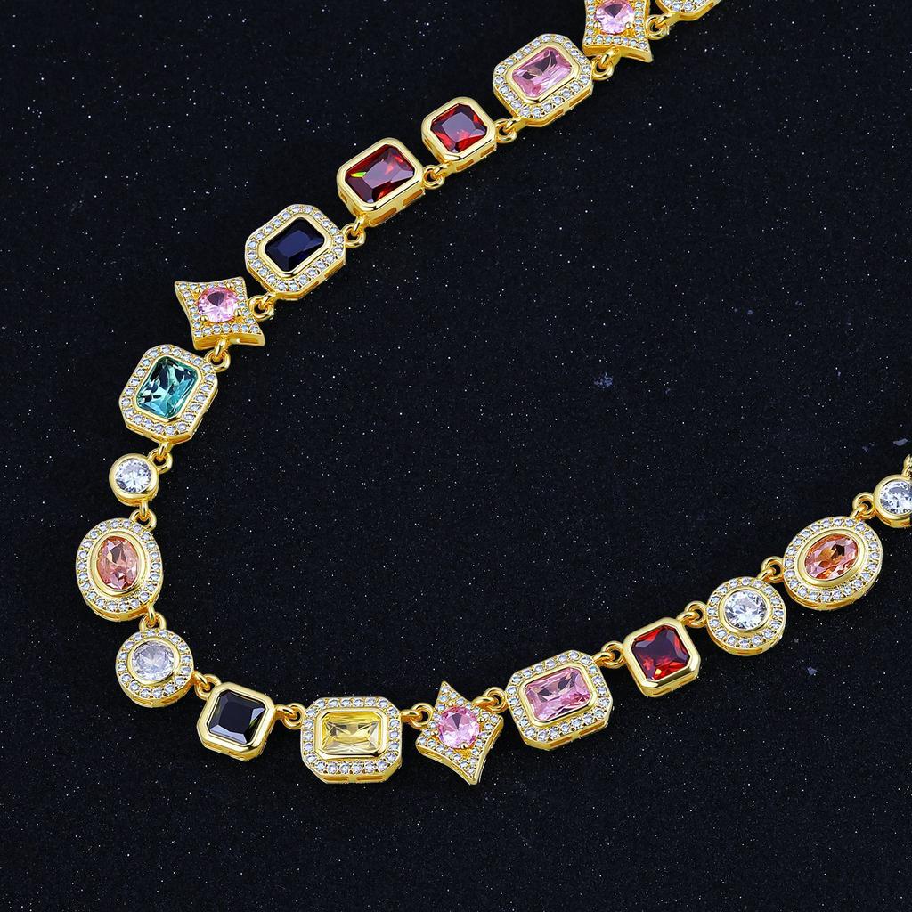 Hip Hop Dopamine Colored Gemstones Wind-Set Diamonds Geometric Adjustable Women'S Light Luxury Necklace Jewelry