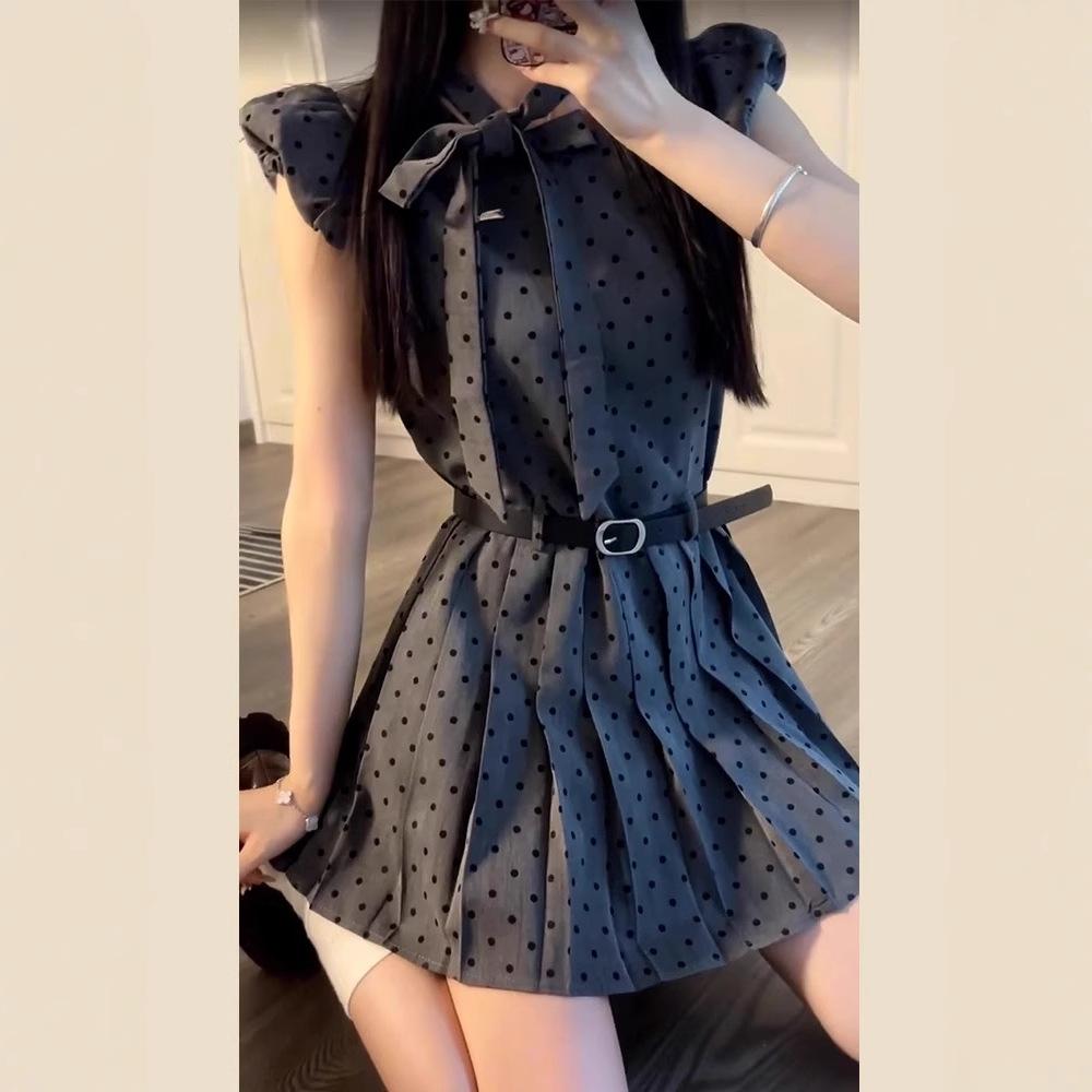 Small gray polka dot dress children's summer new miu wear waist a word pleated skirt