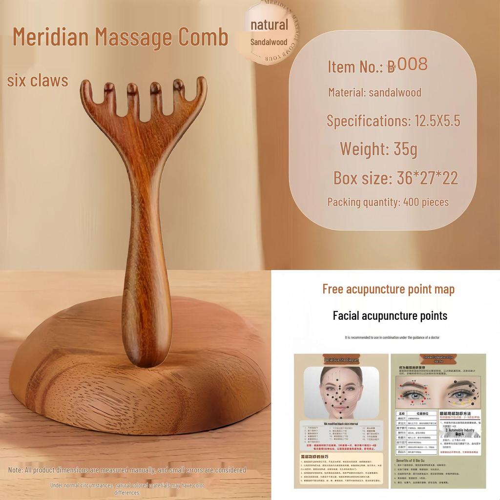Sandalwood Multi-Functional Five-Tooth Gua Sha Massage Comb for Scalp and Face Therapy