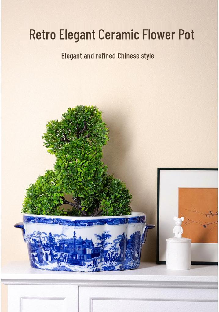 Blau-Weißes Porzellan Landschaft Keramik Blumentopf mit Retro Figuren & Gebäuden, Britischer Stil, Großes Kaliber für Wohnzimmer oder Balkon.