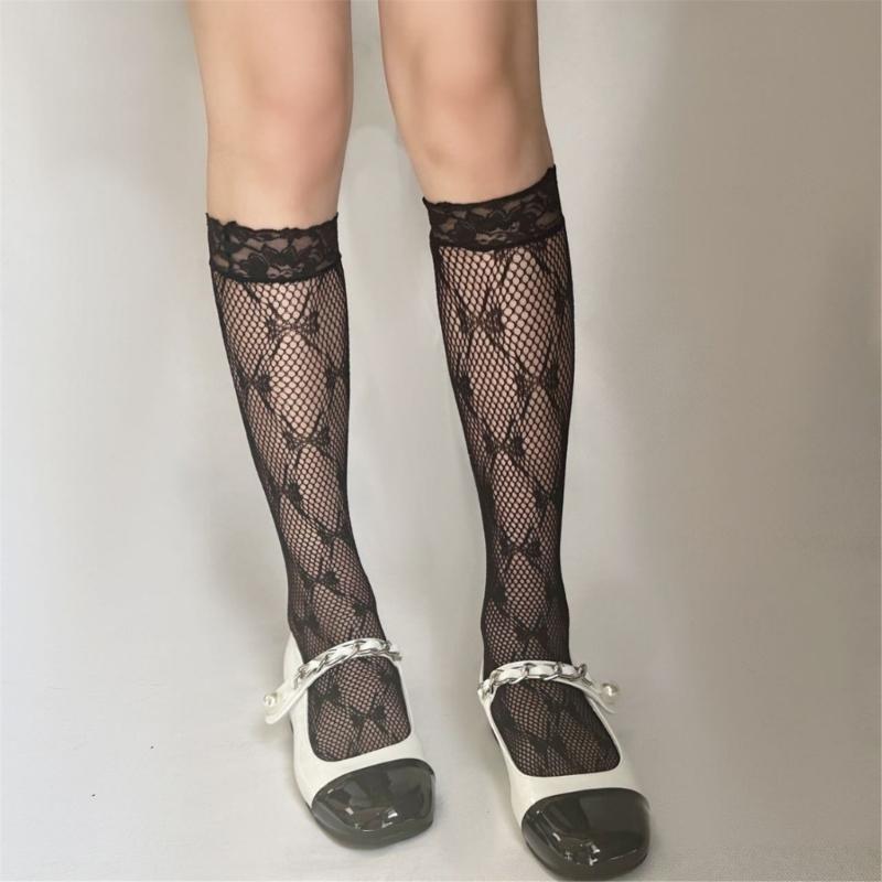 Women Gothic Punk Hollow Out Bowknot Mesh Fishnet Calf Socks Japanese Style Sweet Lace Trim Elastic Knee High Long Socks