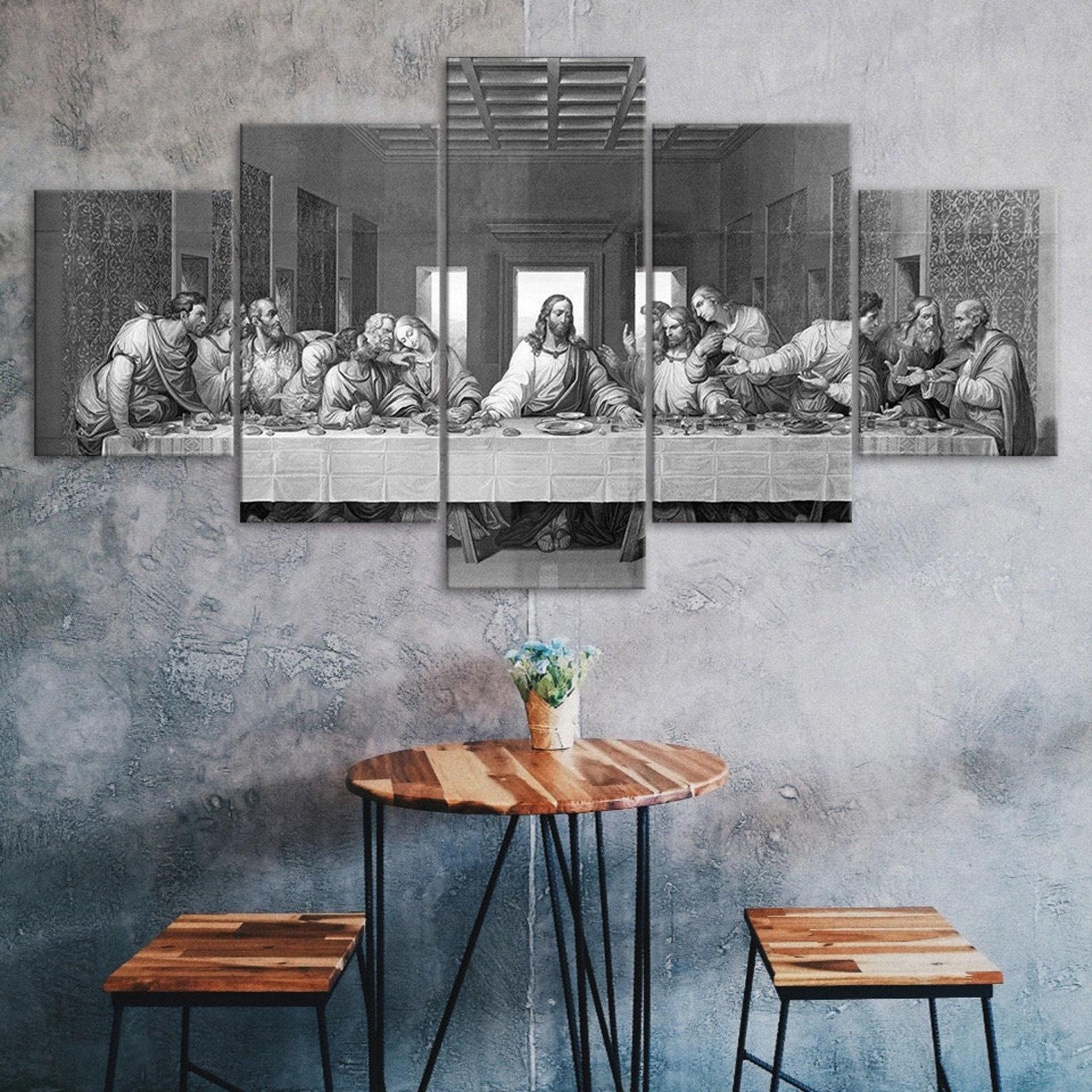 

Jesus Christ The Last Supper Black White Scene 5 Piece Five Panel Wall Canvas Print Modern Art Poster Picture Home Decor Gift For Him Her 20X35 20X45 20X55CM