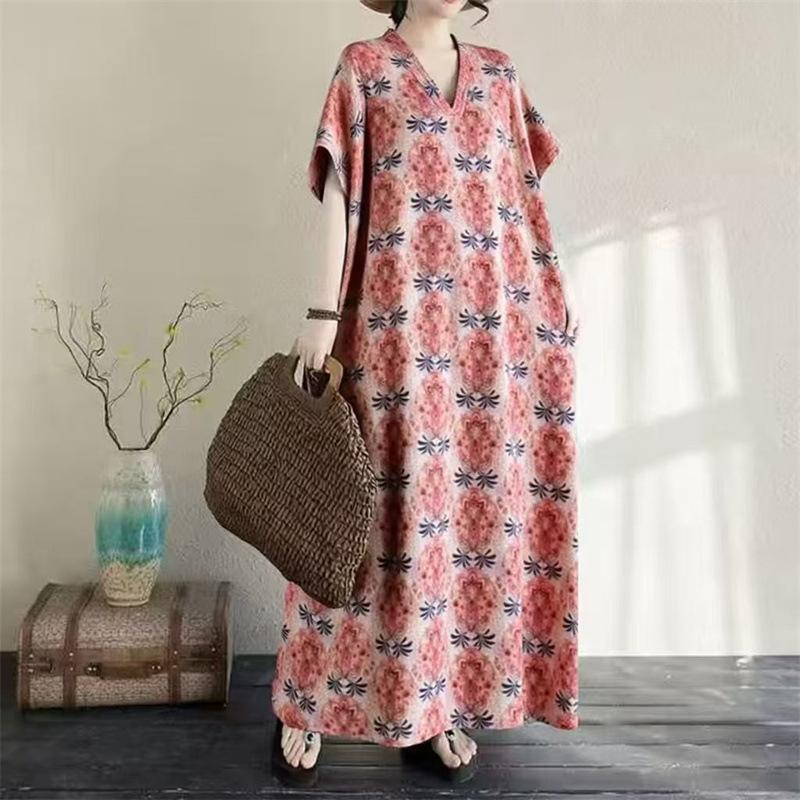 Cotton and linen printed round neck loose large size long sleeve fat MM plus fat plus size fake literary retro dress