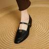 Vintage Round Head Medium Heel Single Shoes Women's Fashion One-word Buckle with Camellia Soft Sole Thick Heel Mary Jane Women's Shoes Small Leath