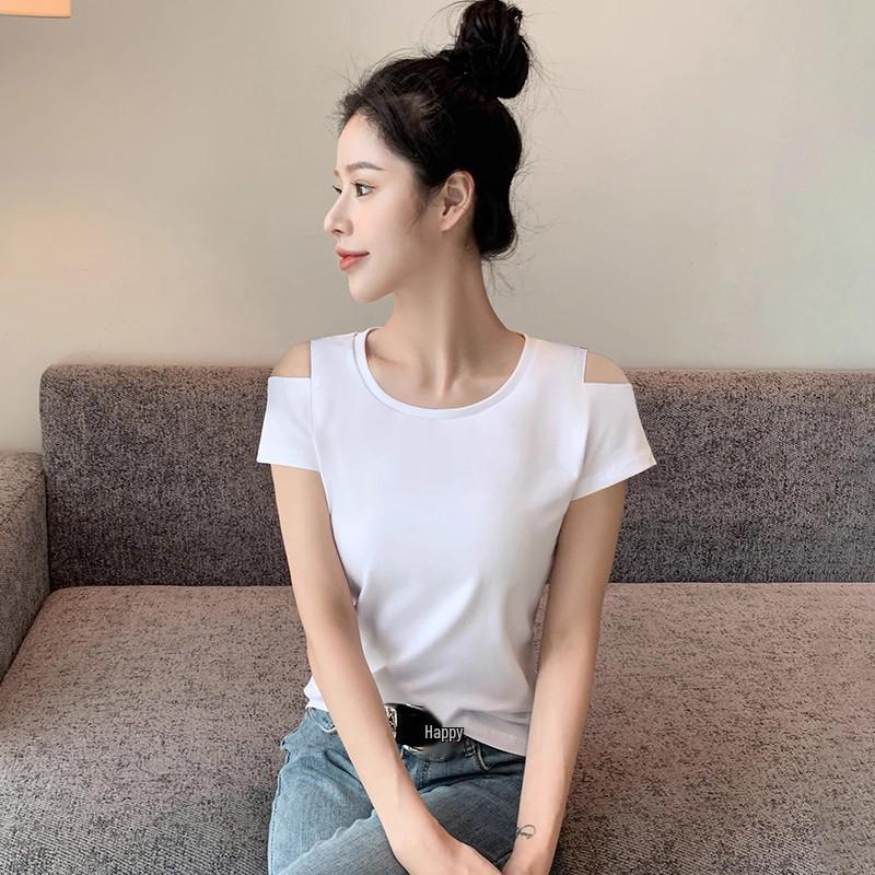 

Женская футболка с открытыми плечами, приталенная, черная, с коротким рукавом и круглым вырезом - Чистый хлопок, Летняя коллекция 2025 XXXL