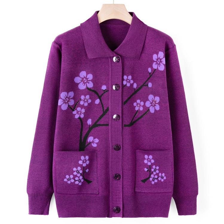 Sweater Jacket Women's Autumn Mom Knitted Sweater Cardigan Top Grandma Casual Lapel