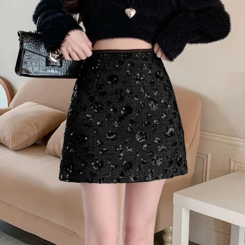 Women s Glam Black Sequin Floral High Waist A Line Skirt S