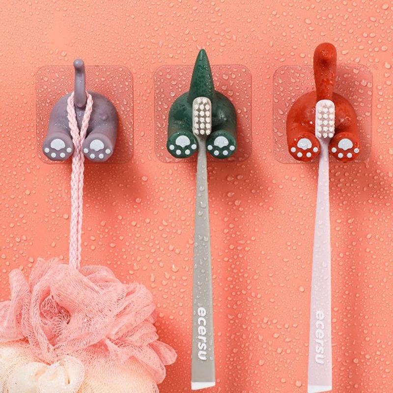 Cartoon Animal Tail Toothbrush Holder Punch-Free Wall Hook Cute Self-Adhesive Bathroom Towel Hook Children Toothbrush Holder