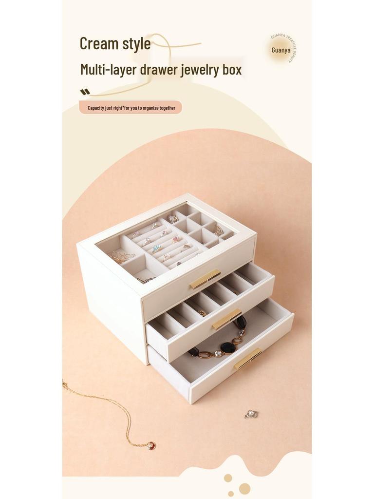 Three-Layer Jewelry Storage Box with Glass Skylight for Necklaces and Earrings