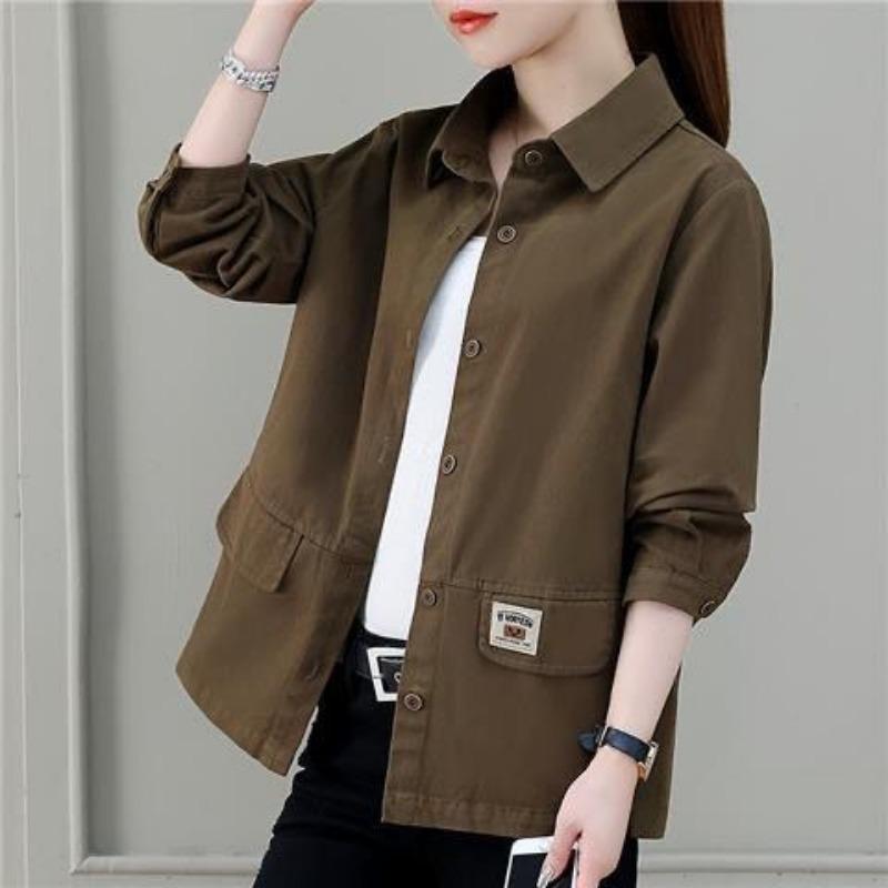 Women S Casual Loose Solid Color Long Sleeve Polo Collar Jacket Shirt