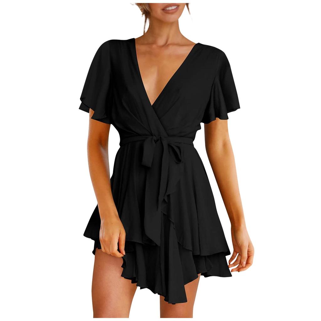 Women's Fashion Casual Color Short Sleeve V-Neck Loose Waist Ruffle Dress