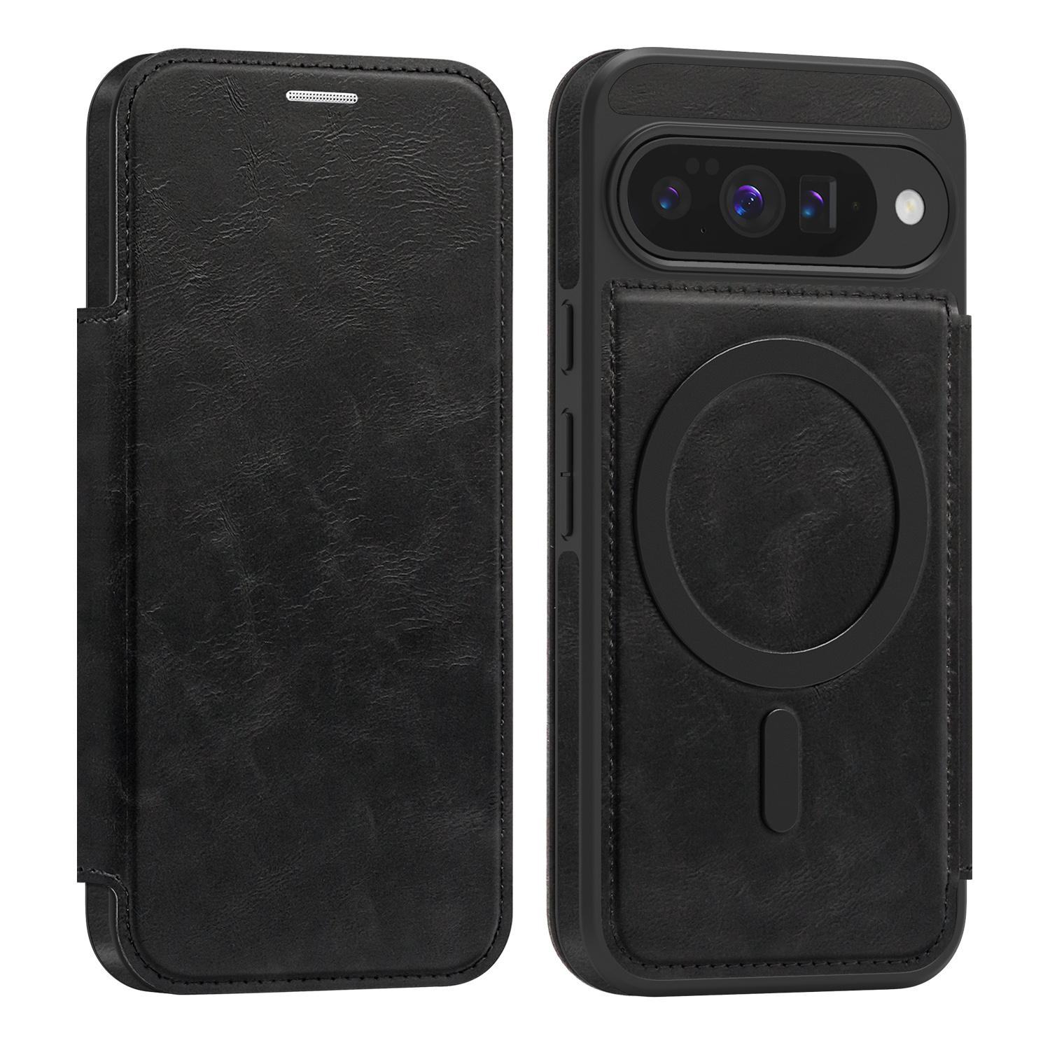 

For Google Pixel 10/10 Pro Case Compatible with MagSafe RFID Blocking Card Holder Leather Phone Cover Black