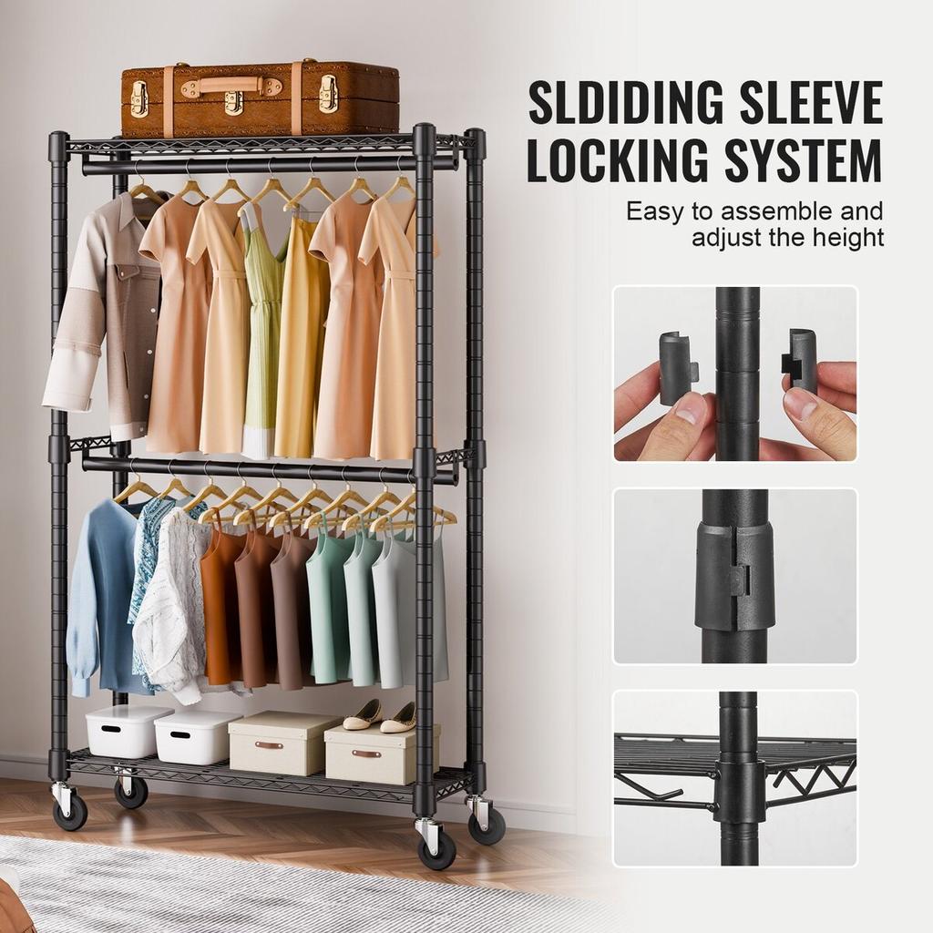 Heavy Duty Clothes Rack, Double Hanging Rods Clothing Garment Rack with Bottom and Top Storage Tier, Rolling Clothing Rack for Hanging Clothes, 1''