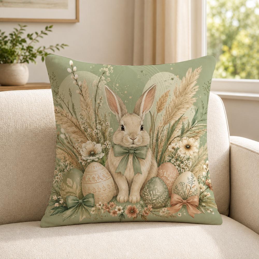Art Spring Bunnies and Easter Eggs Cushion Cover Soft Short Plush SkinFriendly Cushion Case for MultiScene Use
