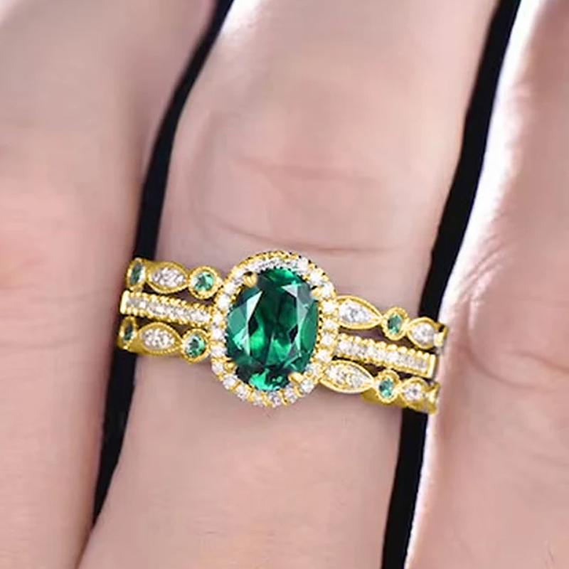 Huitan Luxury Bright Green Zirconia Ring Female 3Pcs Set Finger Accessories for Anniversary Party Gorgeous Zircon for Party