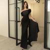 Party Evening Dresses Elegant Black Slash Neck Maxi Dress for Women Fashion Short Sleeve Bodycon Banquet Vestidos