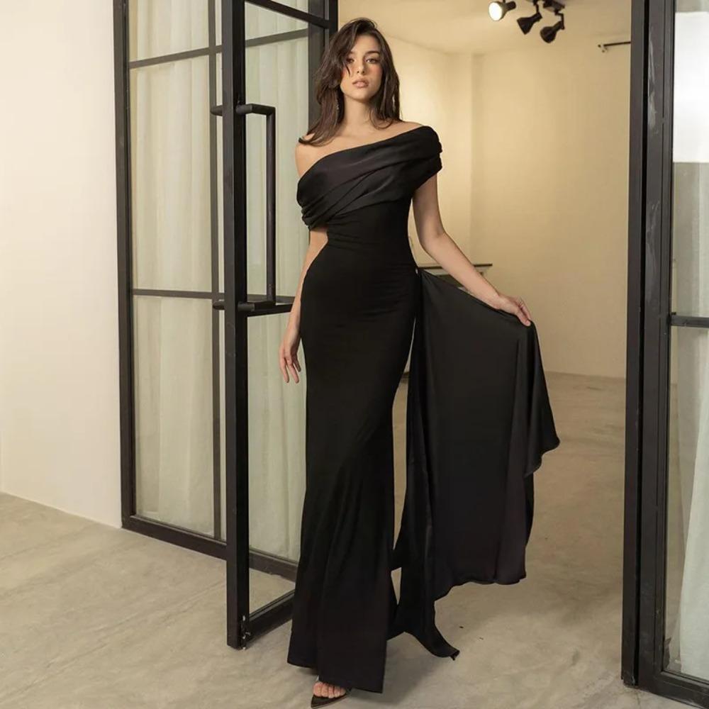 Party Evening Dresses Elegant Black Slash Neck Maxi Dress for Women Fashion Short Sleeve Bodycon Banquet Vestidos
