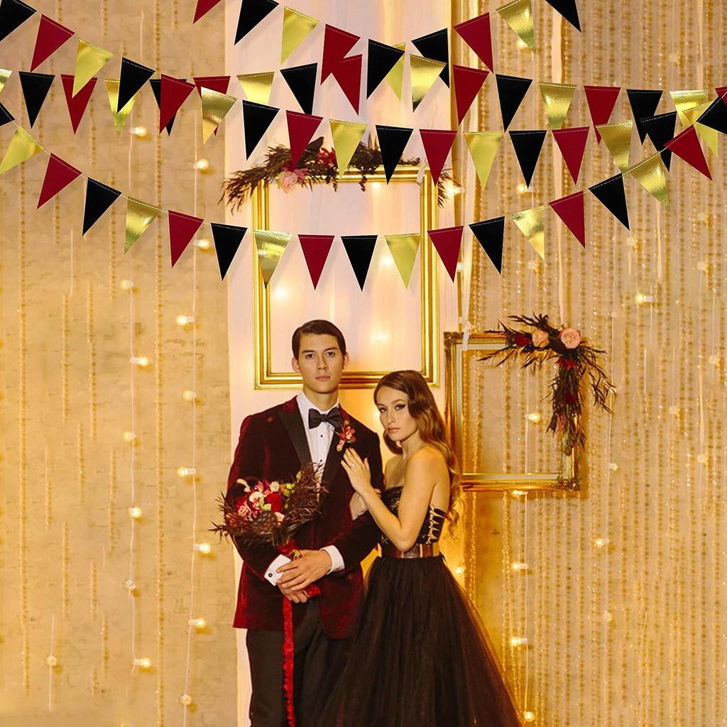 30 Ft Red Black and Gold Party Decorations Hanging Paper Triangle Banner Bunting Flag Pennant Garland for Graduation Birthday Bachelorette Engagement
