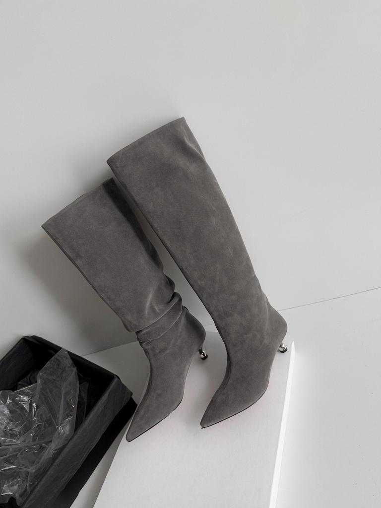 Temperament gray slim boots women's pointed toe thin heel simple pile straight boots