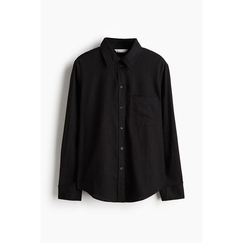 

HM Women s Shirt 2025 Autumn New Arrival Fold Collar Relaxed Linen French Style Long Sleeve Shirt 1213682 Black 013 170/104
