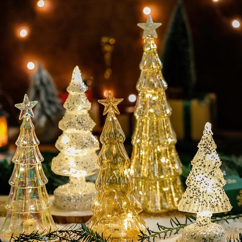 Glowing Glass Christmas Tree Ornaments Home Luminous Desktop Decoration Led Night Light Party Xmas Decorations Festival Kid Gift