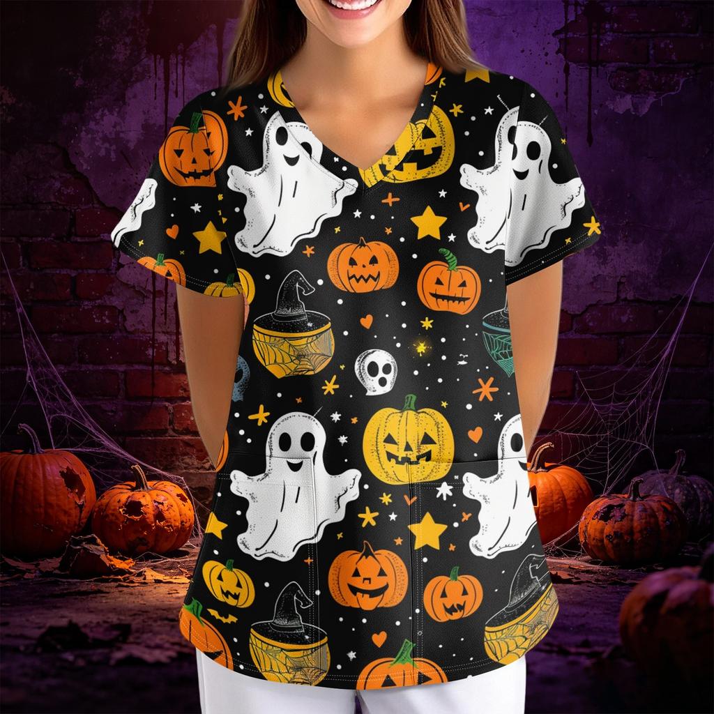 Womens Halloween Print Loose Fit V Neck Pocket Short Sleeve Scrub Top for Nurses and Professionals