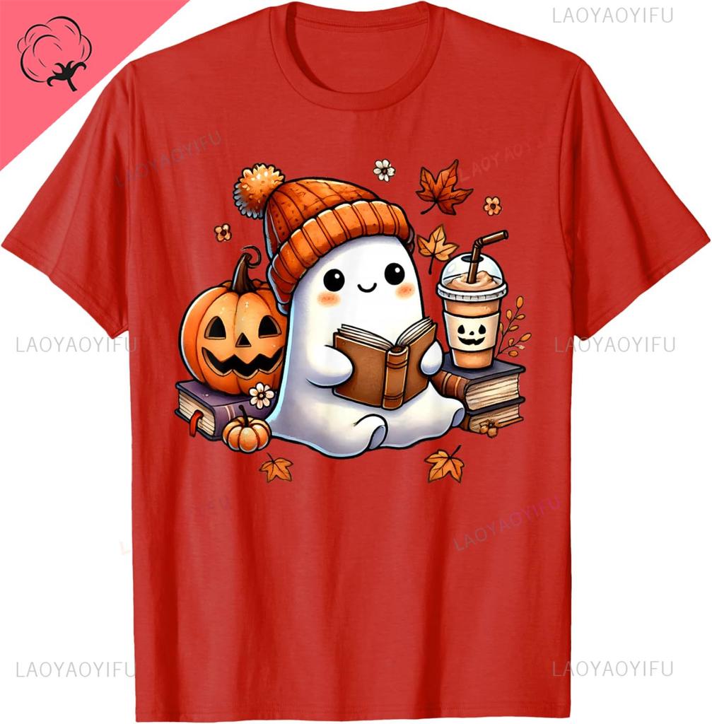 Cute Ghost Reading Book Lovers Halloween Ghost Coffee Unisex Tshirt Cotton Unisexs Tshirts Kawayi Graphic T Shirts