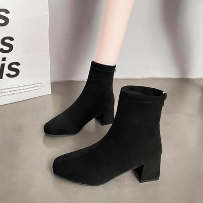 Dicke Absätze Damen Kurze Stiefel Mode Schlankmachende Stretch Stiefeletten Herbst Winter Neu Damen Quadratische Zehenpartie Damen High Heels Schuhe