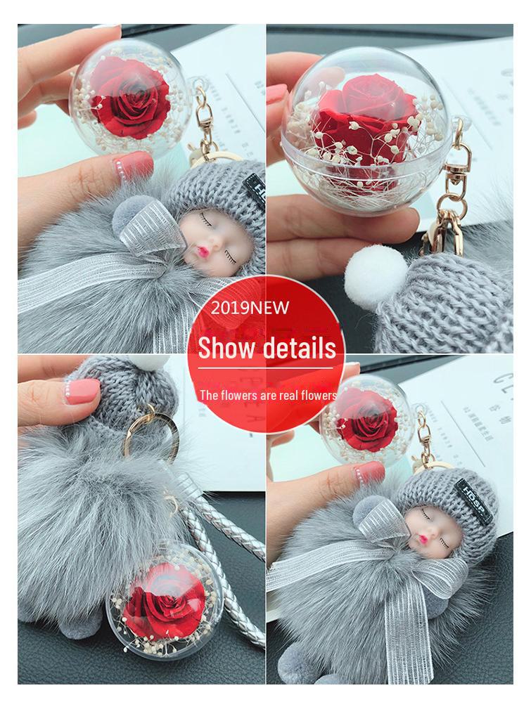 Korean Bow Keychain: Squinting Doll with Fox Fur Pendant - A Unique Japanese and Korean Gift