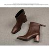 Genuine Leather Chunky Heel Patchwork Short Boots for Women - Autumn/Winter Style with Back Zipper and Frosted Finish