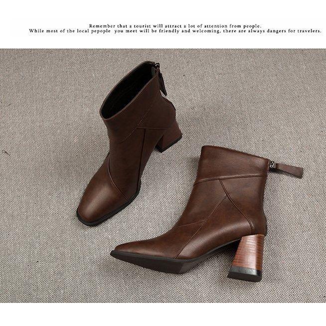 Genuine Leather Chunky Heel Patchwork Short Boots for Women - Autumn/Winter Style with Back Zipper and Frosted Finish