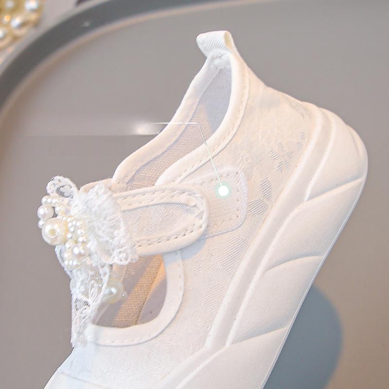 Spring Breathable Children Casual Canvas Shoes for Girls with Lace Bowtie Soft Sole Anti-slippery Toddler School Shoes White