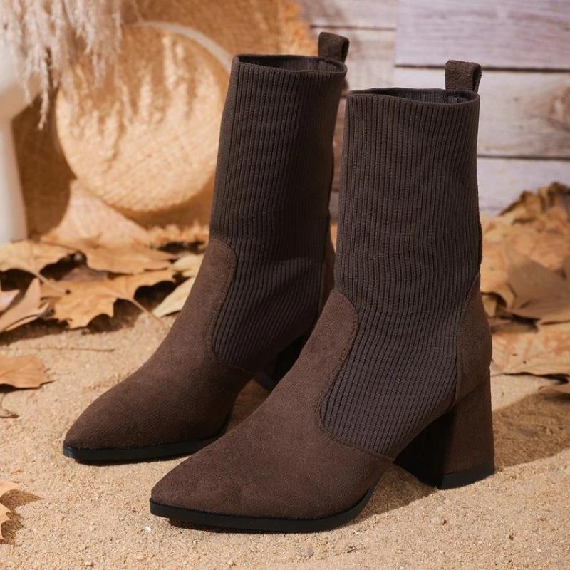 Women High-heeled Boots Temperament Pointed Leather Boots Fashion High Heels Ankle Boot Slim Fit Elastic Socks Boots Botas Mujer