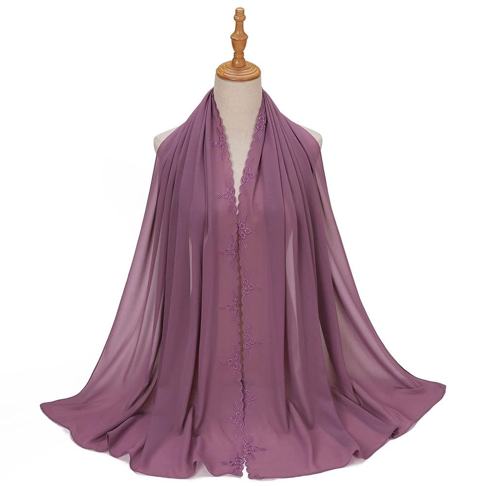 Malaysia Indonesian Embroidered Chiffon Headscarf Shawl Turban Head Wraps Good Quality Breathable Ladies' Scarf 70*175cm