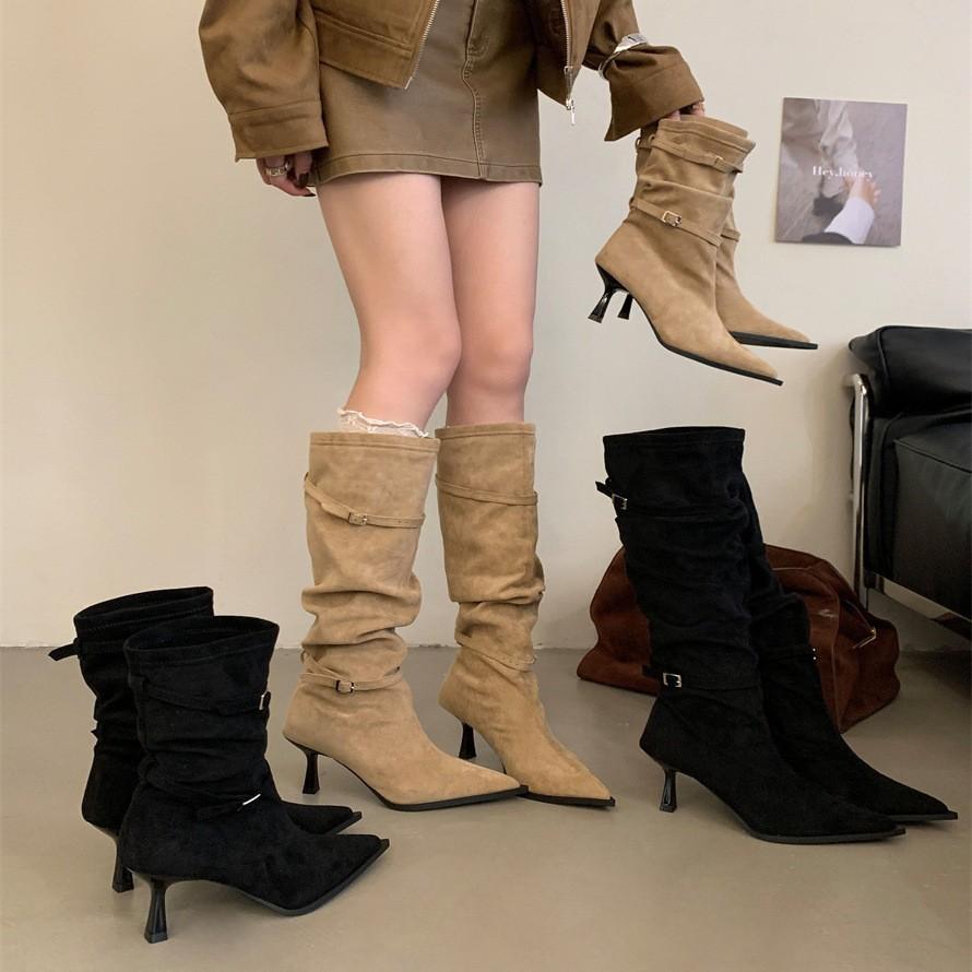 2025 thick heel retro velvet brown knight boots French thin bare boots autumn and winter women's knee boots children