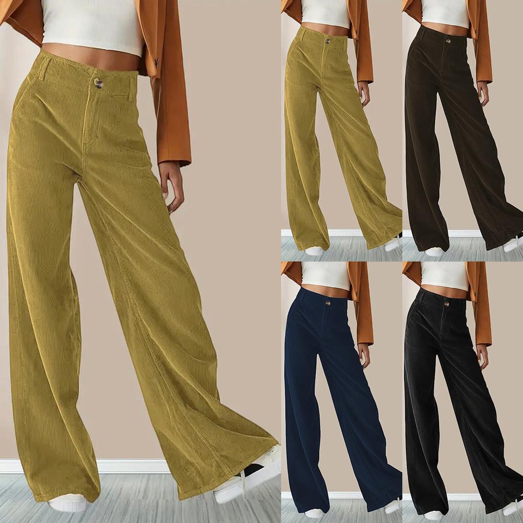 Women's High Waist Corduroy Pants Straight Leg Micro Stretch Pockets Casual Long Trousers For Autumn Winter