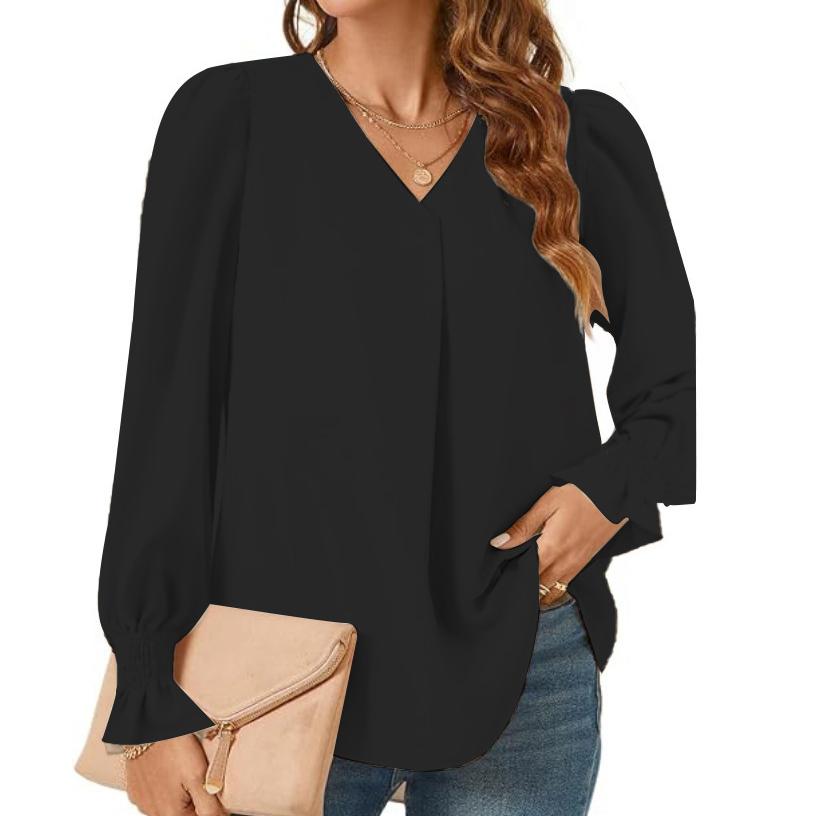 V-neck Pullover Shirt for Women Solid Long Sleeve Ruffled Loose Shirt Casual Fashion Elegant Work Long Sleeve Breathable Lightweight Soft Top