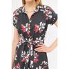 Women's Navy Blue Big Floral Belted Short Sleeve Shirt Dress Arm-22y001007
