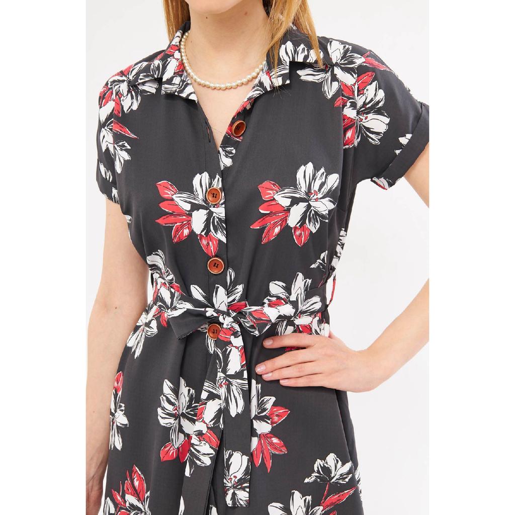 Women's Navy Blue Big Floral Belted Short Sleeve Shirt Dress Arm-22y001007