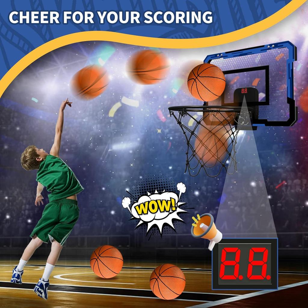 Indoor Mini Basketbalring voor Kinderen, Basketbalringen Over De Deur met LED Verlichting, Miniring met Scorebord & 3 Ballen